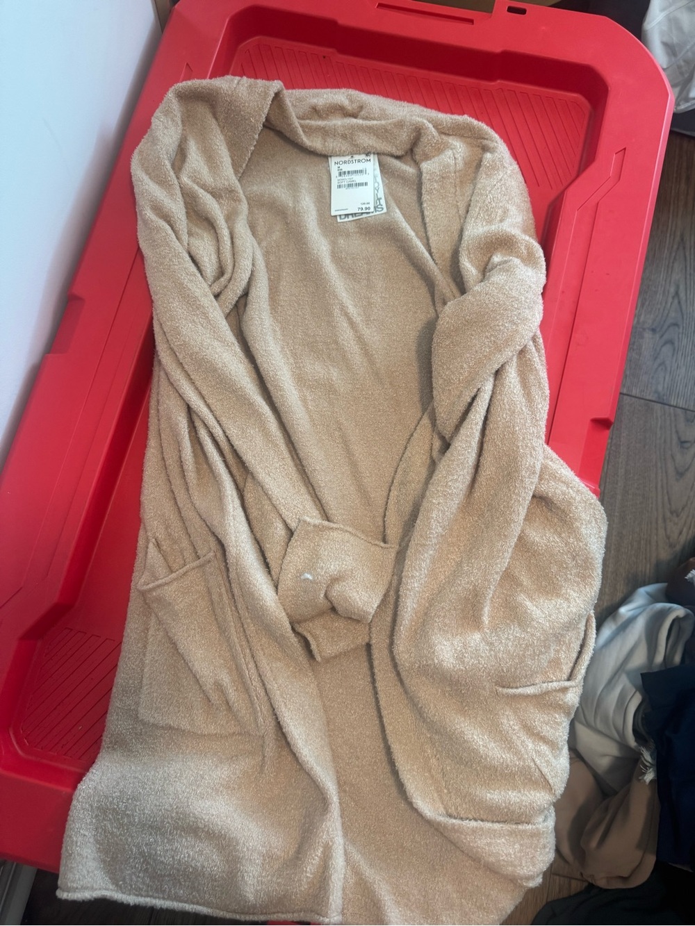 Barefoot Dreams Plush Open-Front Hooded Cardigan in Beige